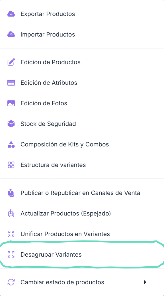 Operaciones Masivas con la opción Desagrupar Variantes