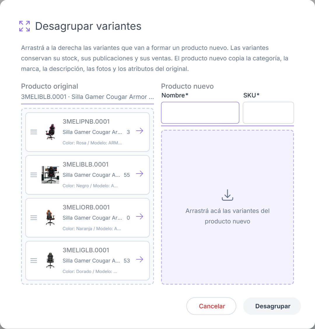 Pantalla Desagrupar variantes: producto original a la izquierda y producto nuevo a la derecha