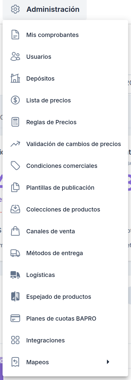 Menú del módulo Administración