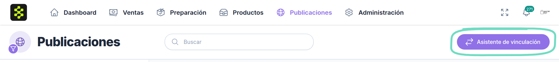 Botón Asistente de vinculación en la pantalla Publicaciones