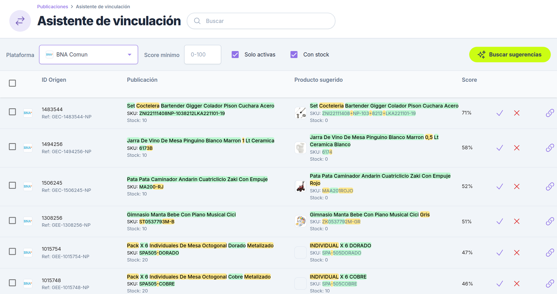 Asistente de vinculación con una plataforma elegida, los filtros y las sugerencias con su score