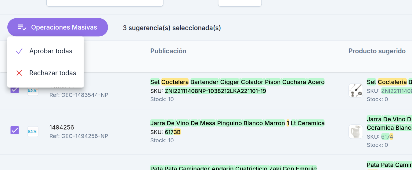 Operaciones Masivas con Aprobar todas y Rechazar todas