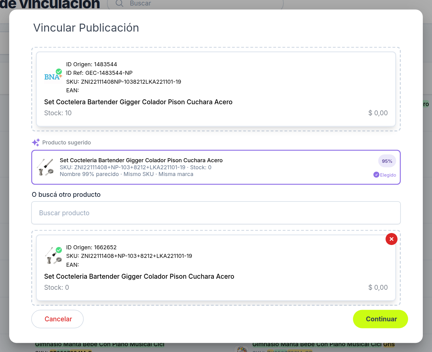 Ventana Vincular Publicación con el producto sugerido y el buscador de productos