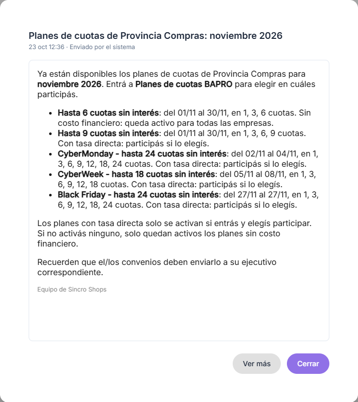 Detalle de la notificación con los planes del mes y el botón Ver más