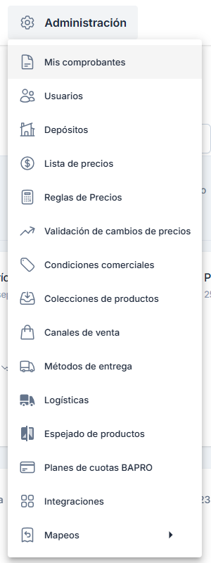 Menú Administración con la opción Planes de cuotas BAPRO