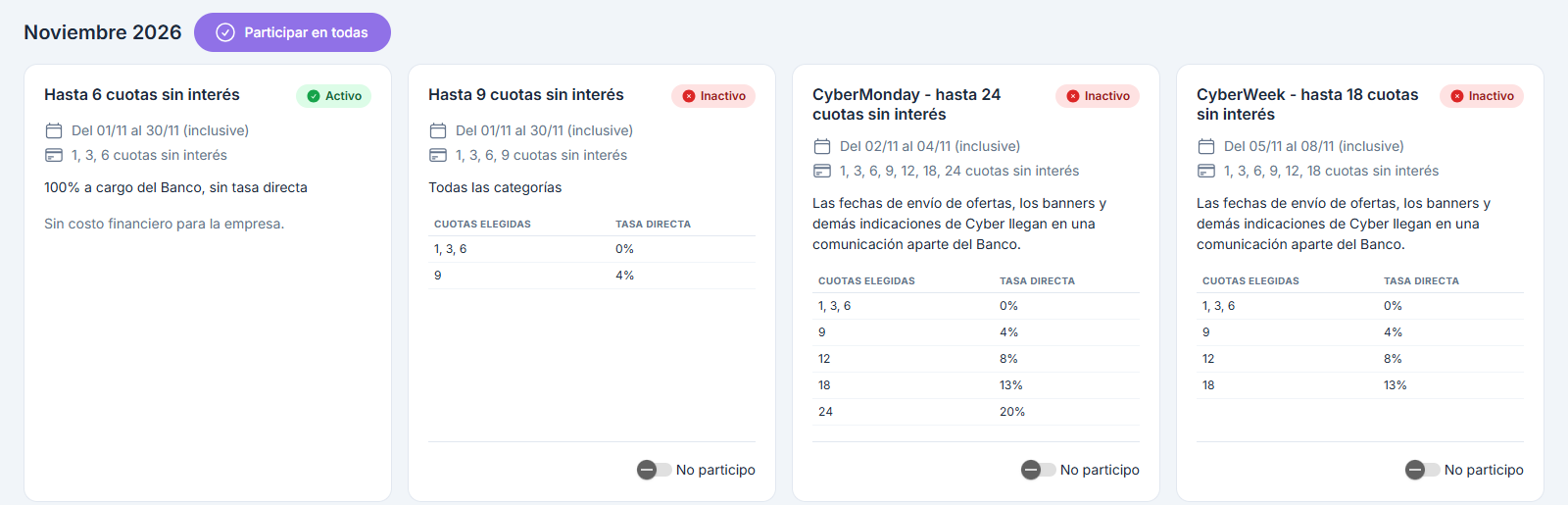 Planes de cuotas del mes siguiente con sus estados, tasas y el botón Participar en todas