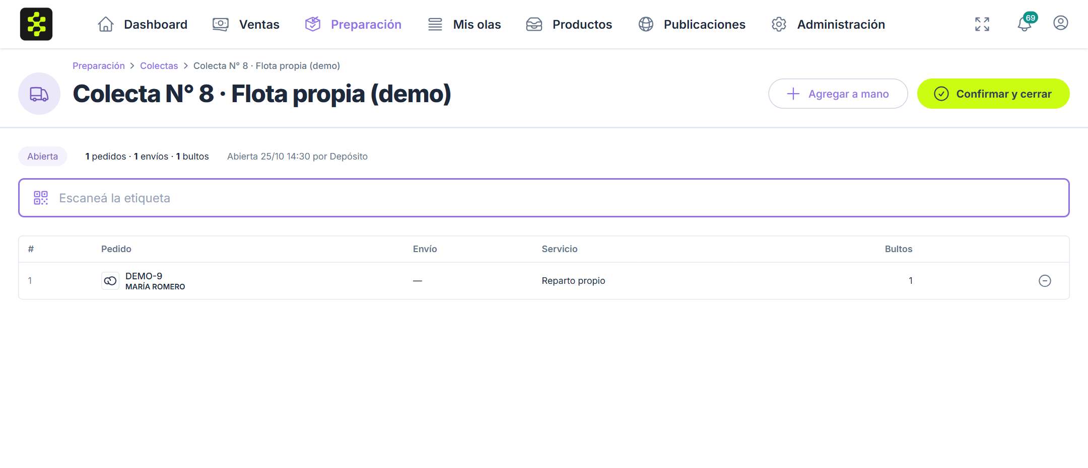 En la computadora: colecta abierta con sus envíos