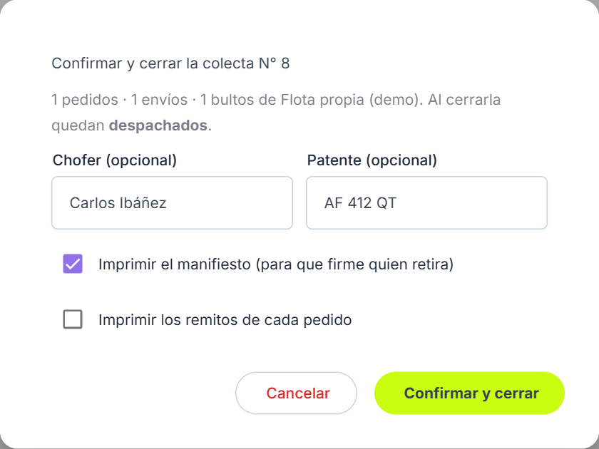Confirmar y cerrar la colecta, con el manifiesto tildado