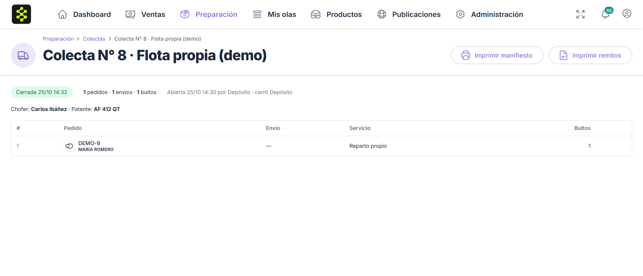 Colecta cerrada con los botones para reimprimir el manifiesto y los remitos