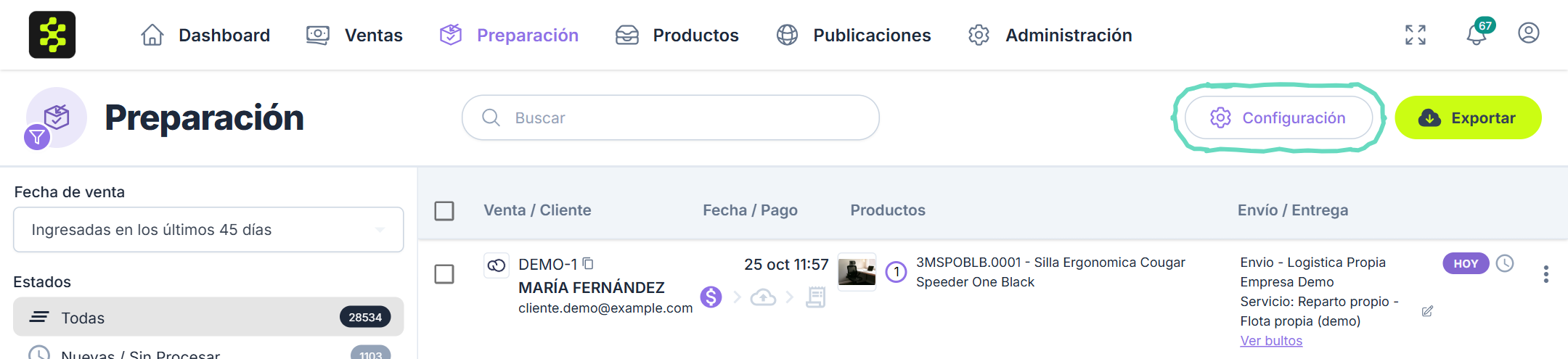 Botón Configuración en Preparación