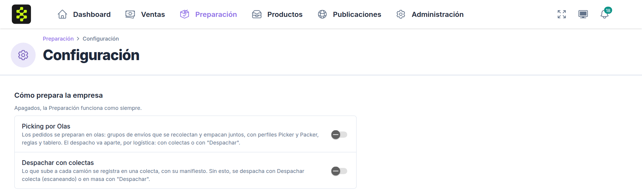 Configuración con Picking por Olas y Despachar con colectas apagados