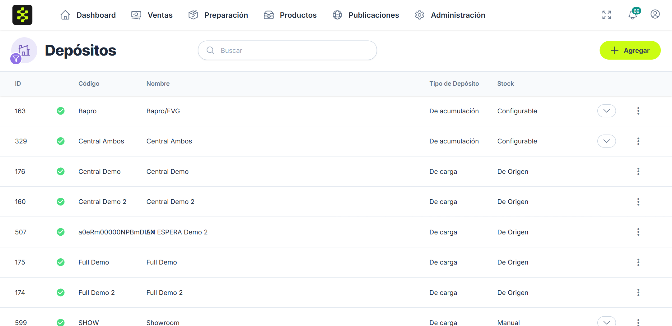 Listado de depósitos con un depósito de acumulación