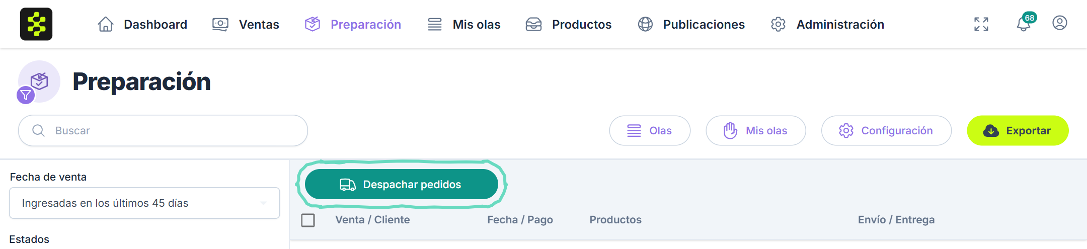 En la computadora: botón Despachar pedidos en Preparación