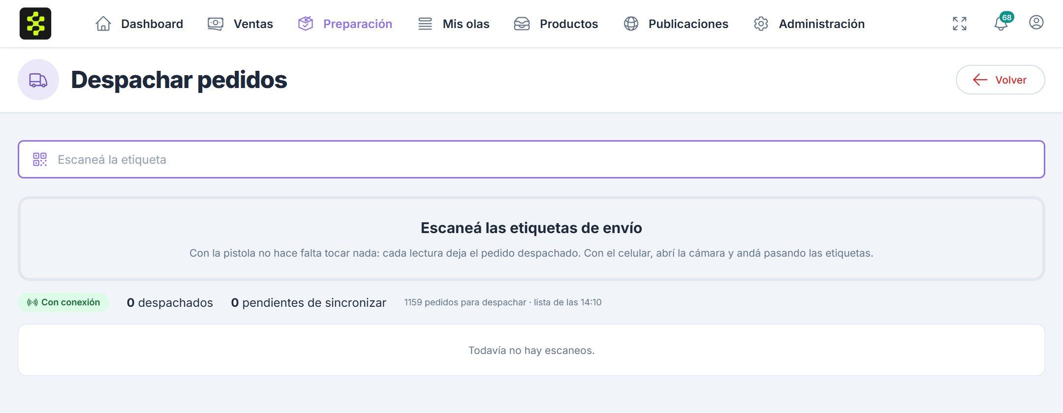 En la computadora: pantalla Despachar pedidos lista para escanear