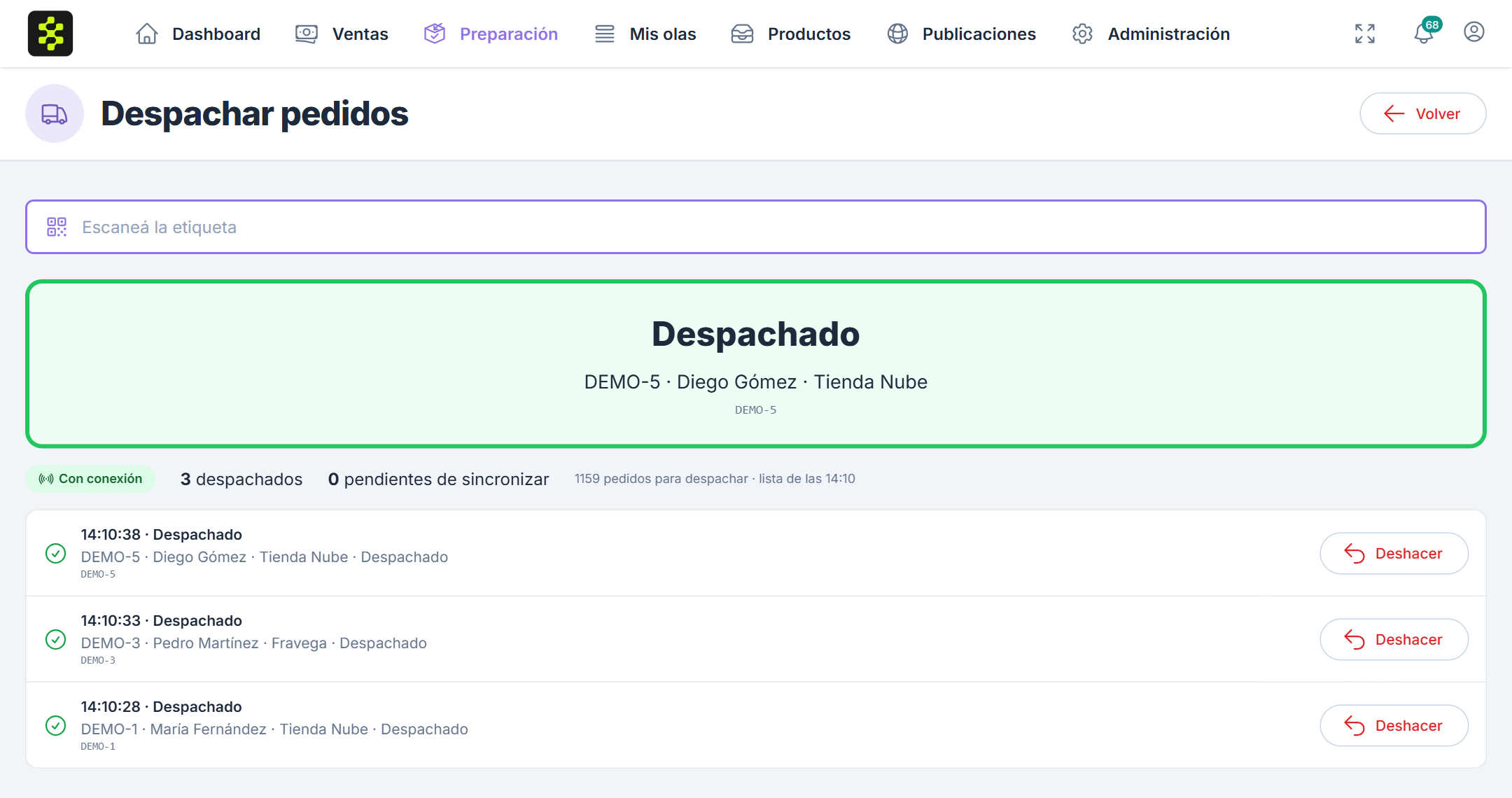 Escaneos realizados, con el último resultado y la opción Deshacer