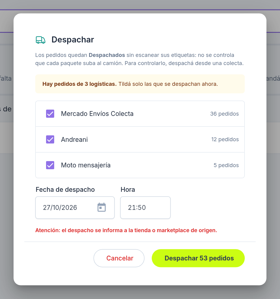 Diálogo Despachar con las logísticas, la fecha de despacho y la hora