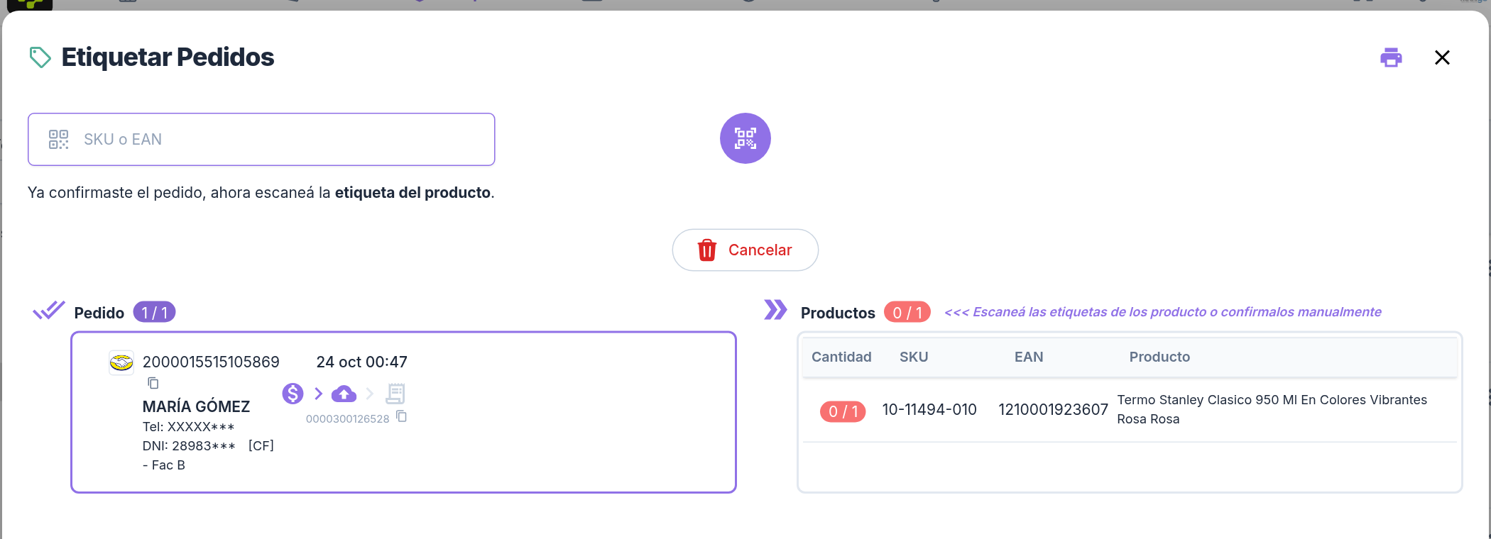 Venta confirmada por su etiqueta, esperando los productos