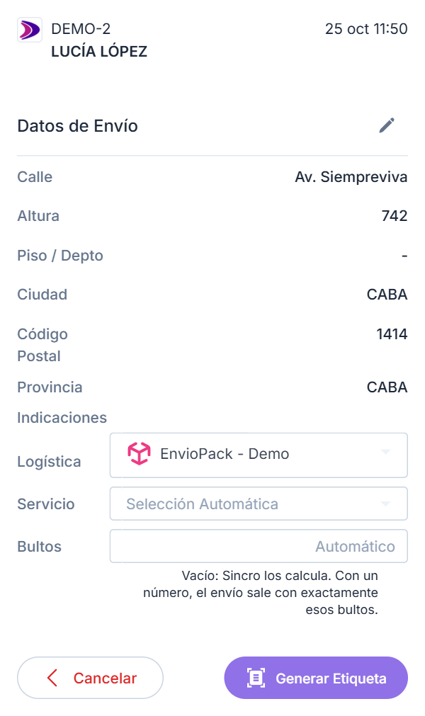 Panel Generar Etiqueta con los datos de envío, la logística, el servicio y los bultos