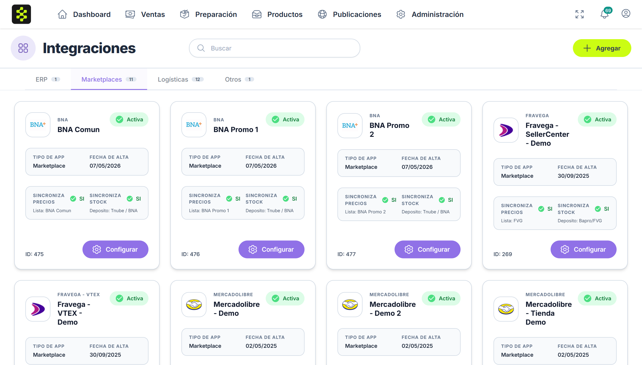 Integraciones agrupadas por pestaña, con la tarjeta de un marketplace