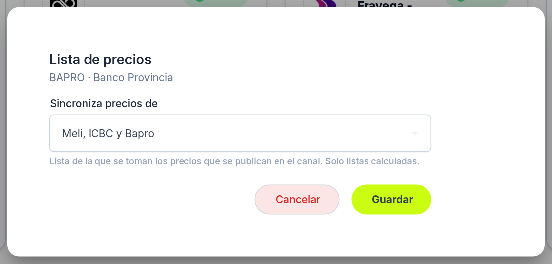 Ventana para elegir la lista de precios de un canal