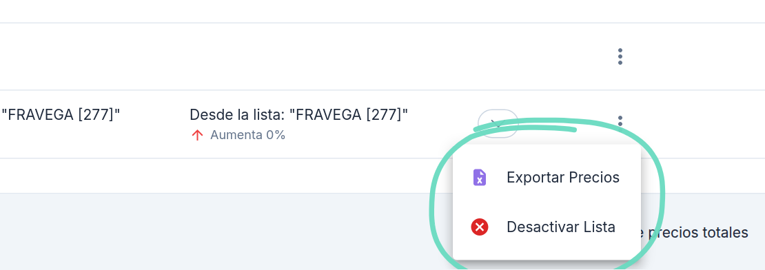 Menú de una lista de precios con Exportar Precios y Desactivar Lista