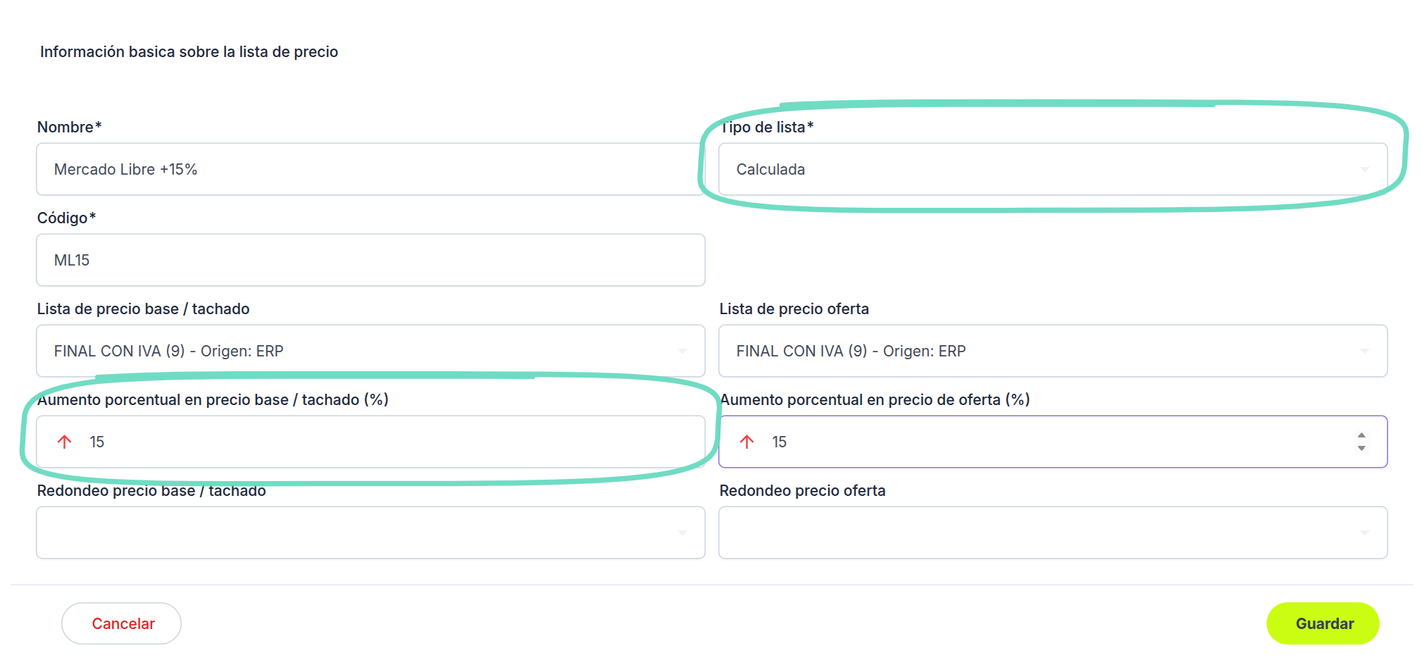 Alta de una lista calculada: tipo de lista y porcentaje de aumento