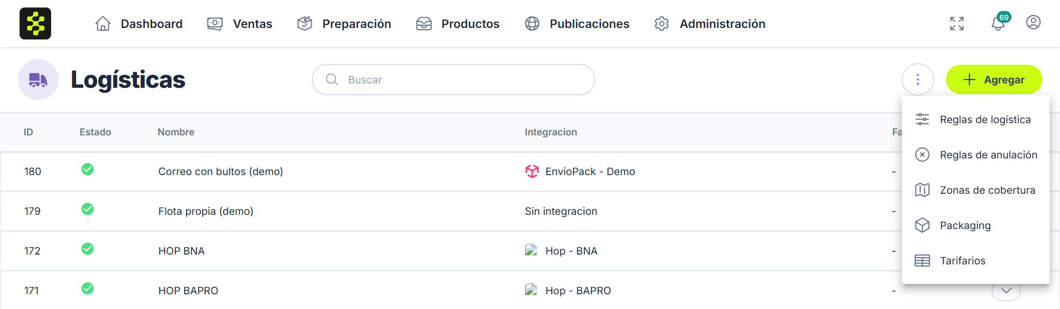 Menú de Logísticas con Reglas de logística, Reglas de anulación, Zonas de cobertura, Packaging y Tarifarios