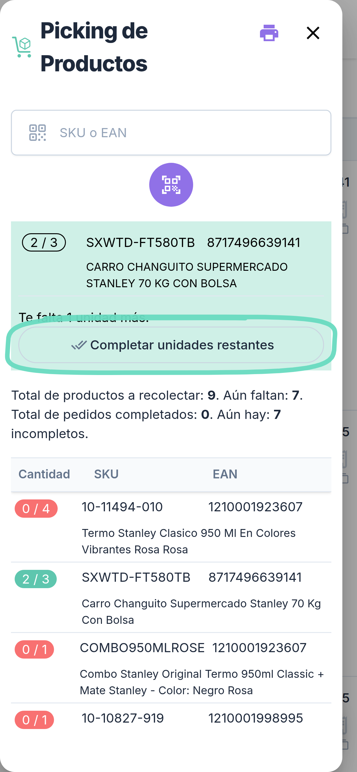 En el celular: aviso de unidades restantes con el botón Completar unidades restantes