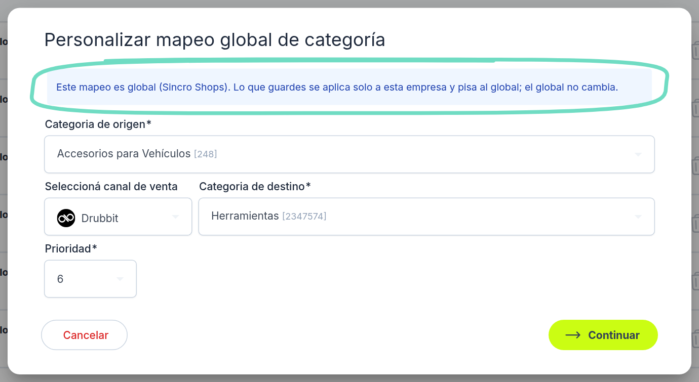 Personalizar un mapeo global de categoría para la empresa