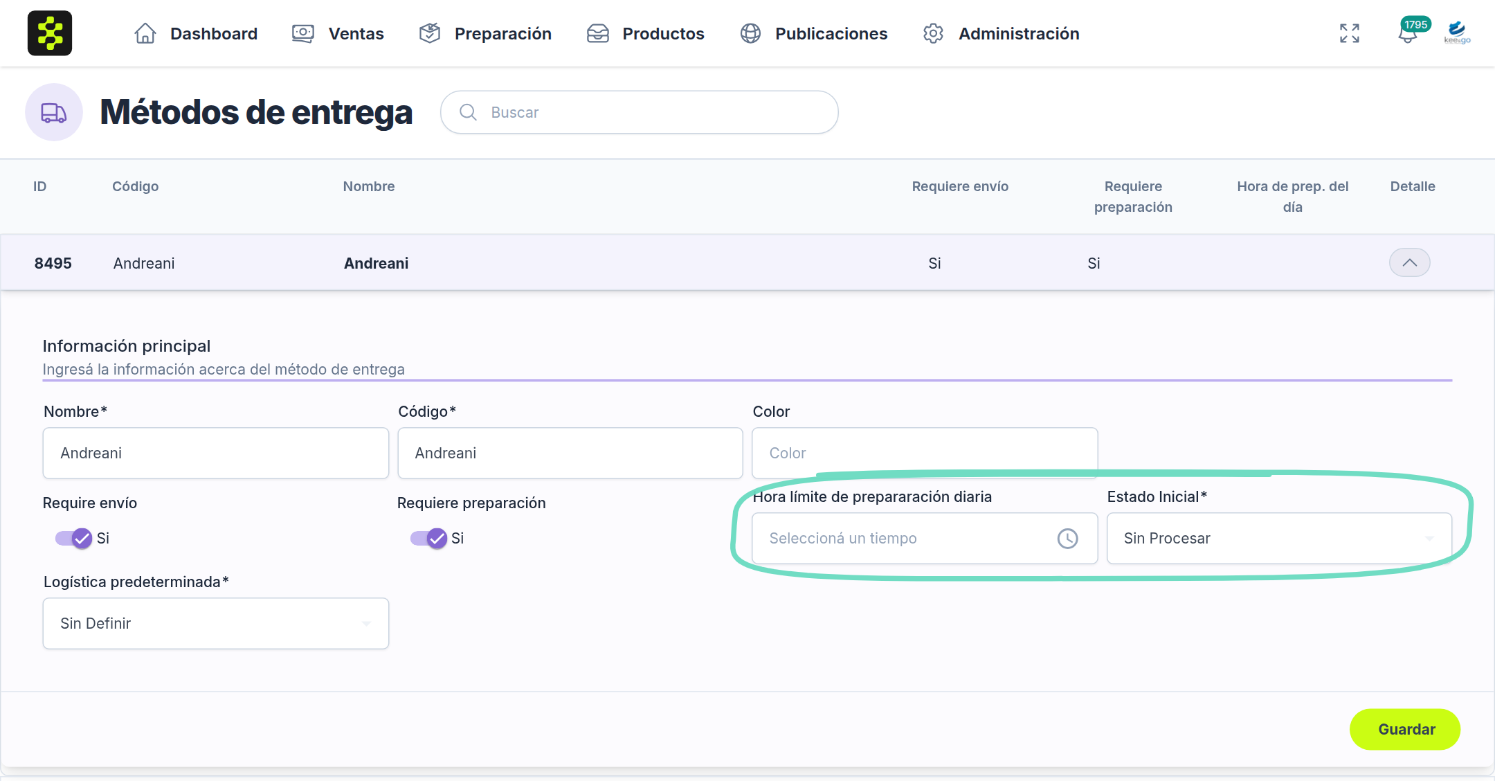 Edición de un método de entrega: hora límite de preparación y estado inicial