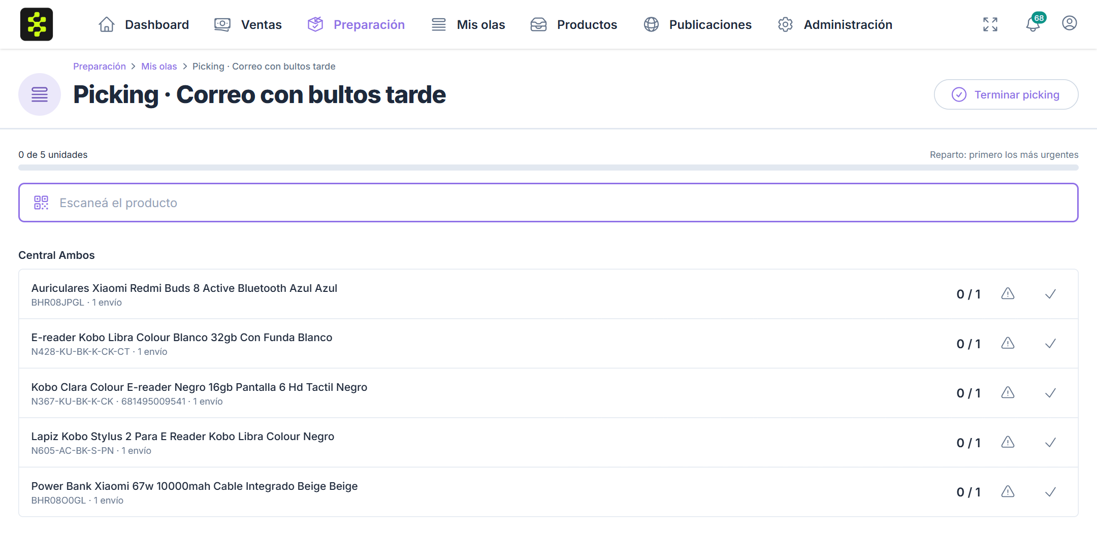 Picking de una ola en la computadora, con los botones de reportar un problema y completar sin escanear