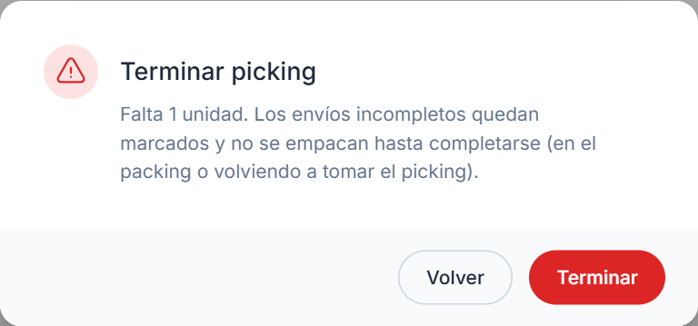 Confirmación al terminar el picking con una unidad faltante