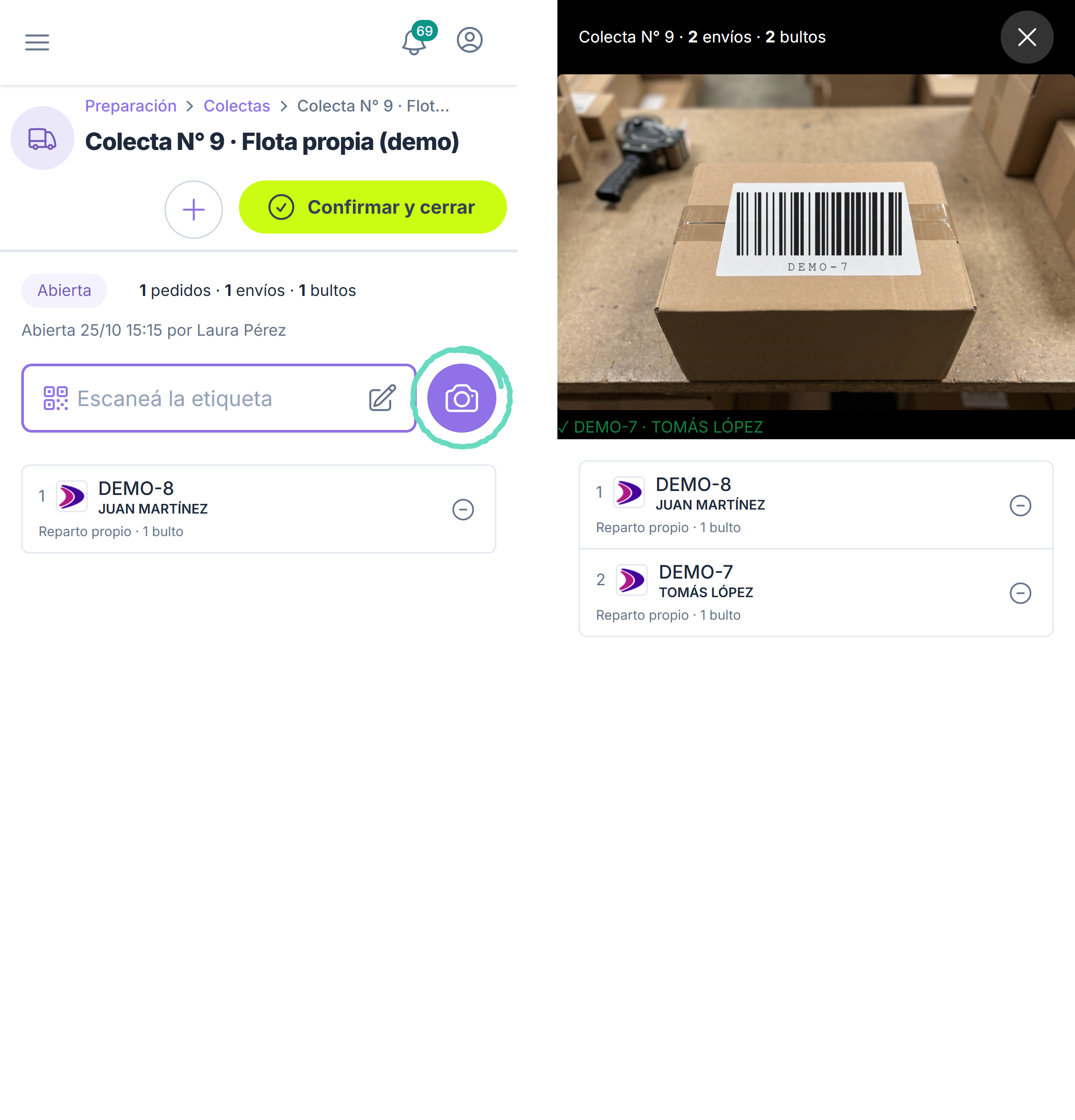 En el celular: colecta abierta y la cámara sumando un envío