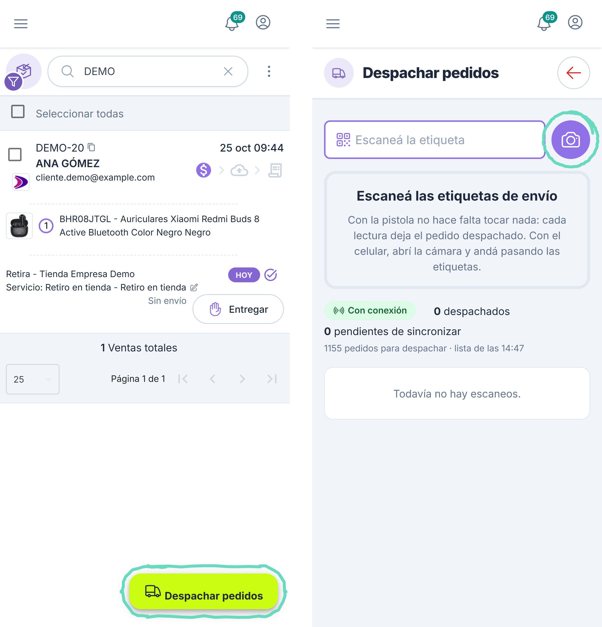En el celular: Acciones › Despachar pedidos y la pantalla de despacho con el botón de la cámara