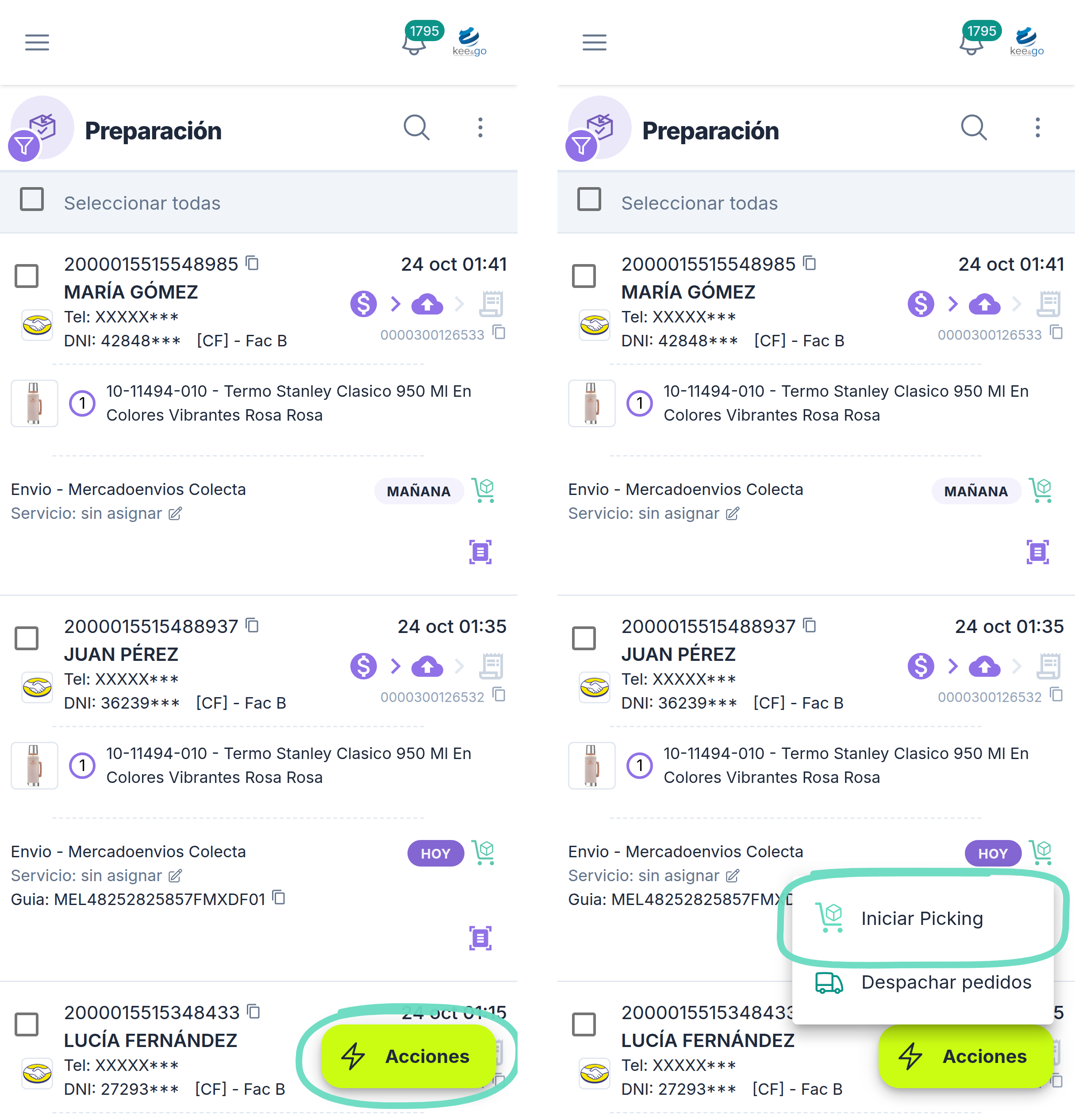 En el celular: botón Acciones y opción Iniciar Picking