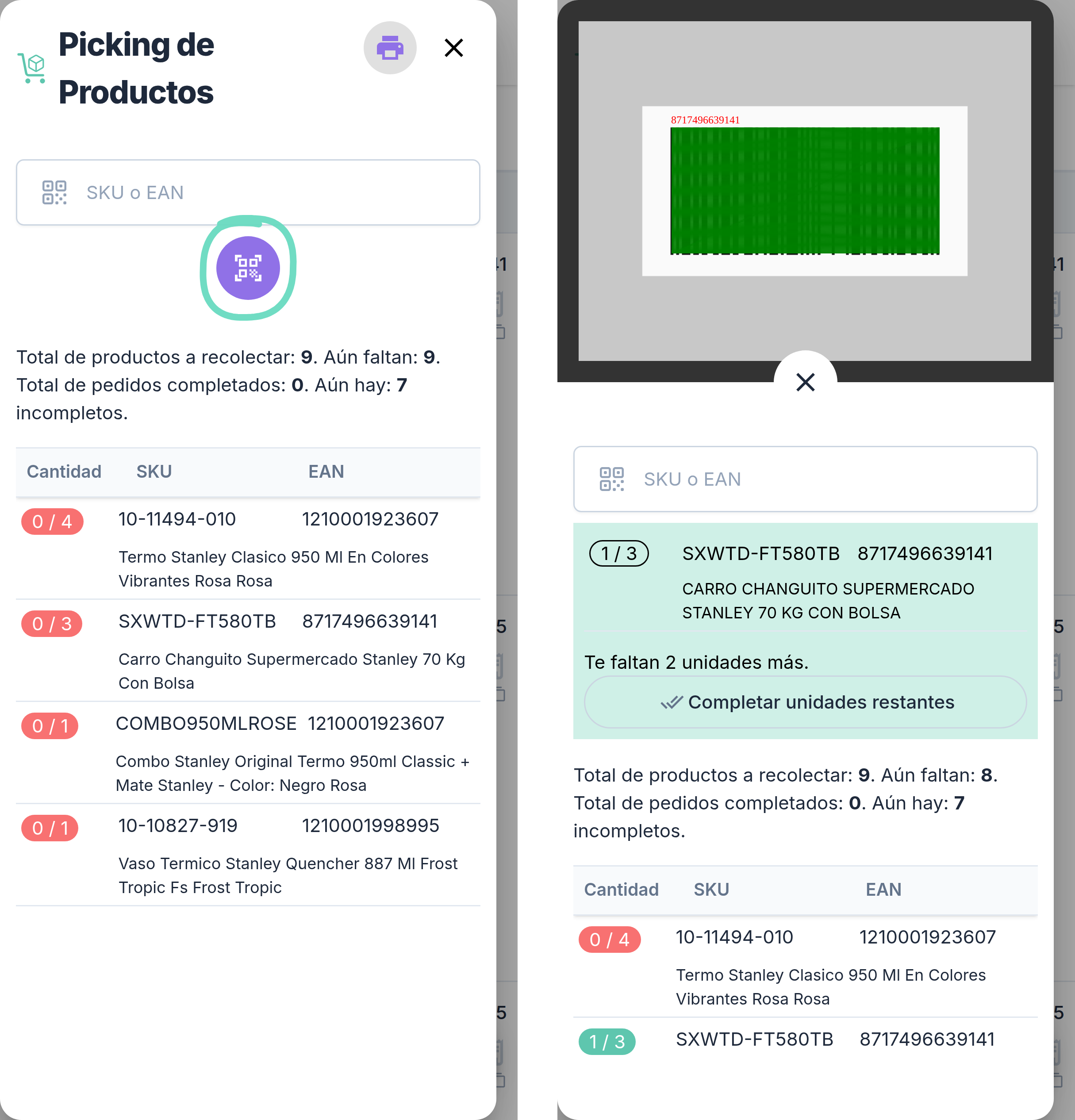 En el celular: lista de productos a recolectar y la cámara leyendo el código de barras