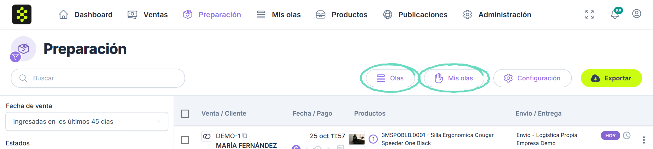Botones Olas y Mis olas en Preparación