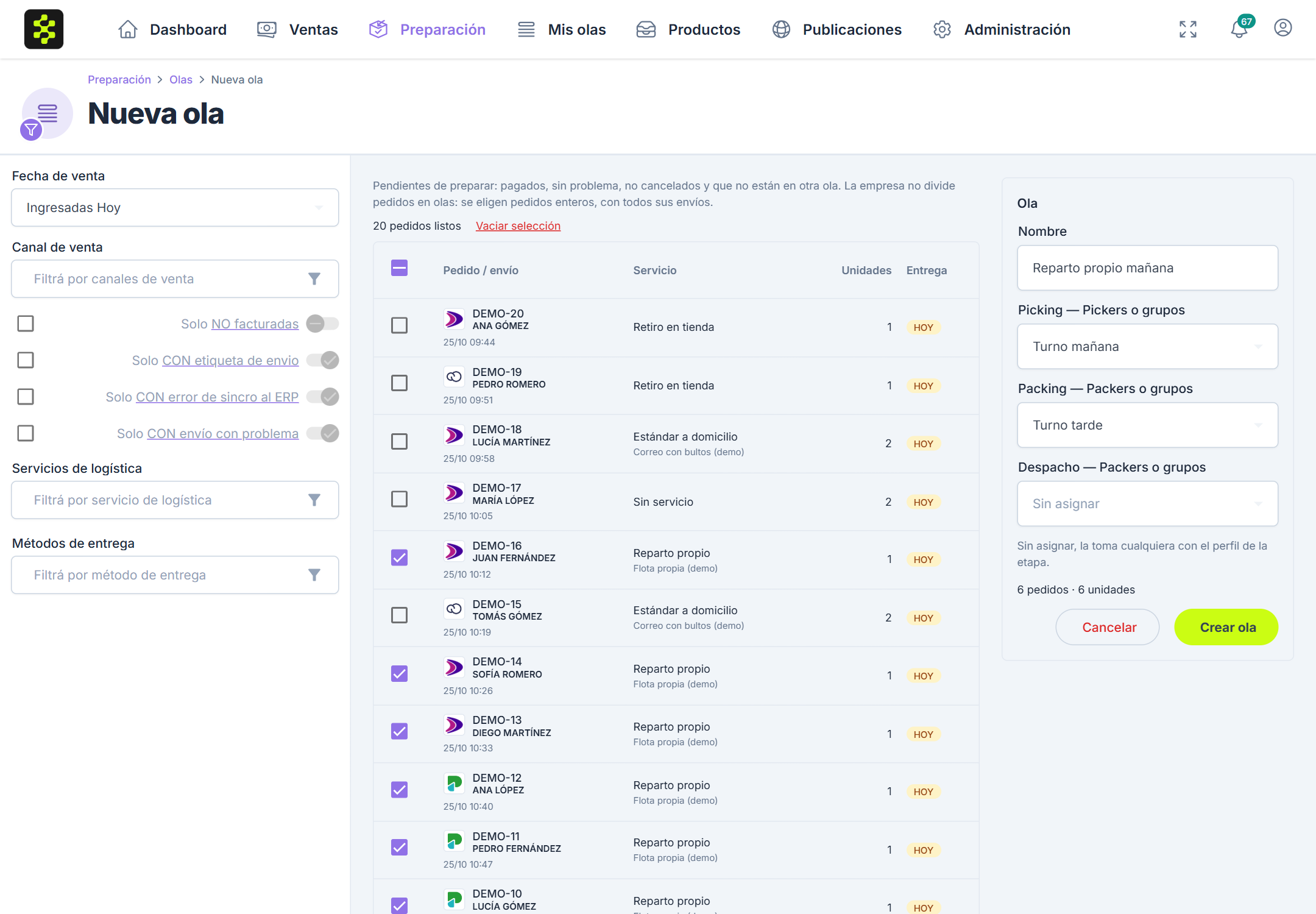 Nueva ola con seis pedidos elegidos y el picking y el packing asignados a grupos