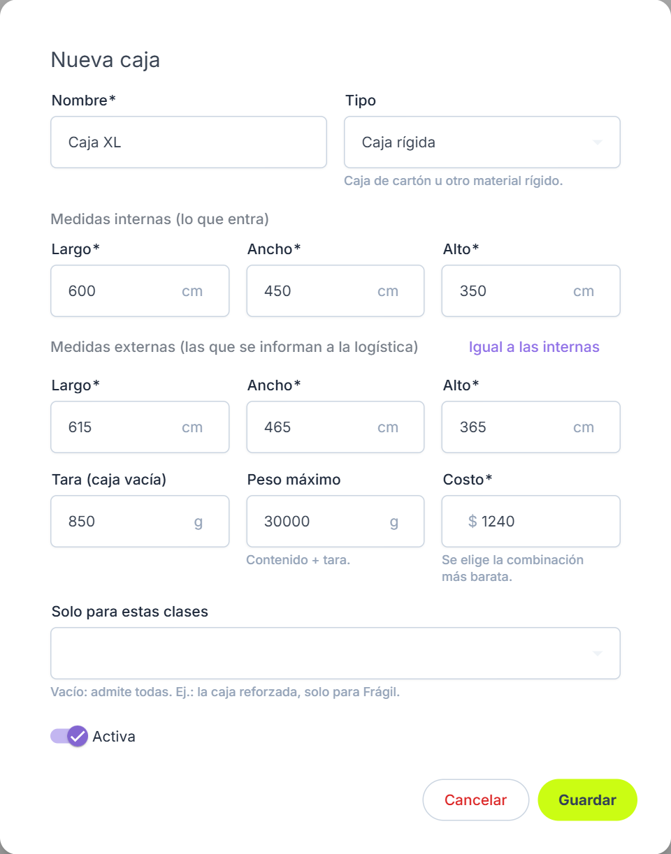 Nueva caja con sus medidas internas y externas, tara, peso máximo y costo