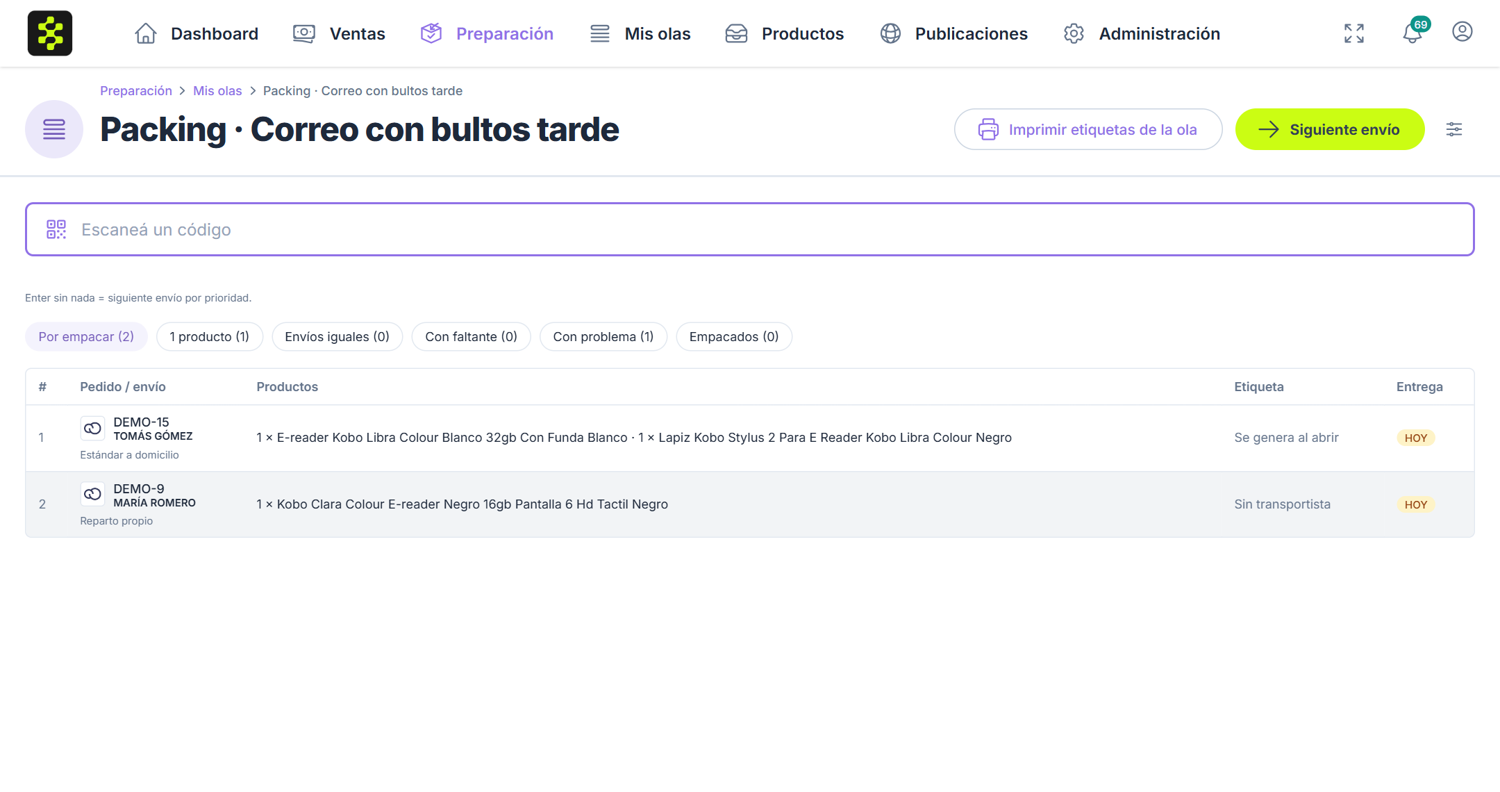 Packing de una ola con los filtros y la lista de envíos