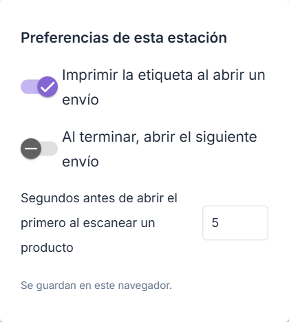 Preferencias de la estación de packing