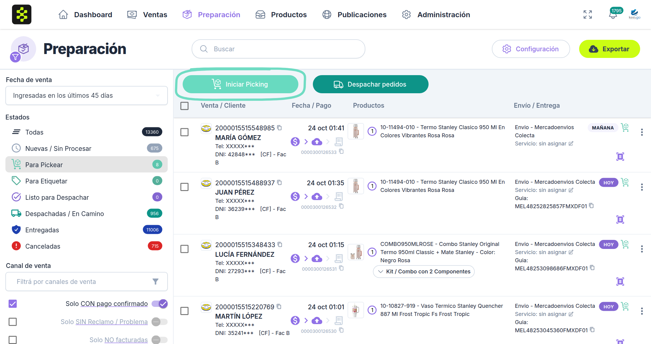 En la computadora: botón Iniciar Picking en el estado Para Pickear