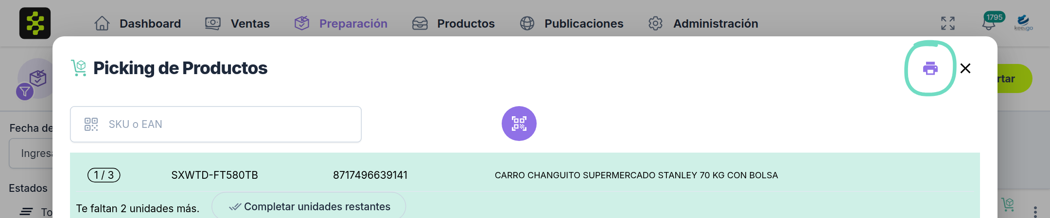 Ícono para imprimir la lista de picking