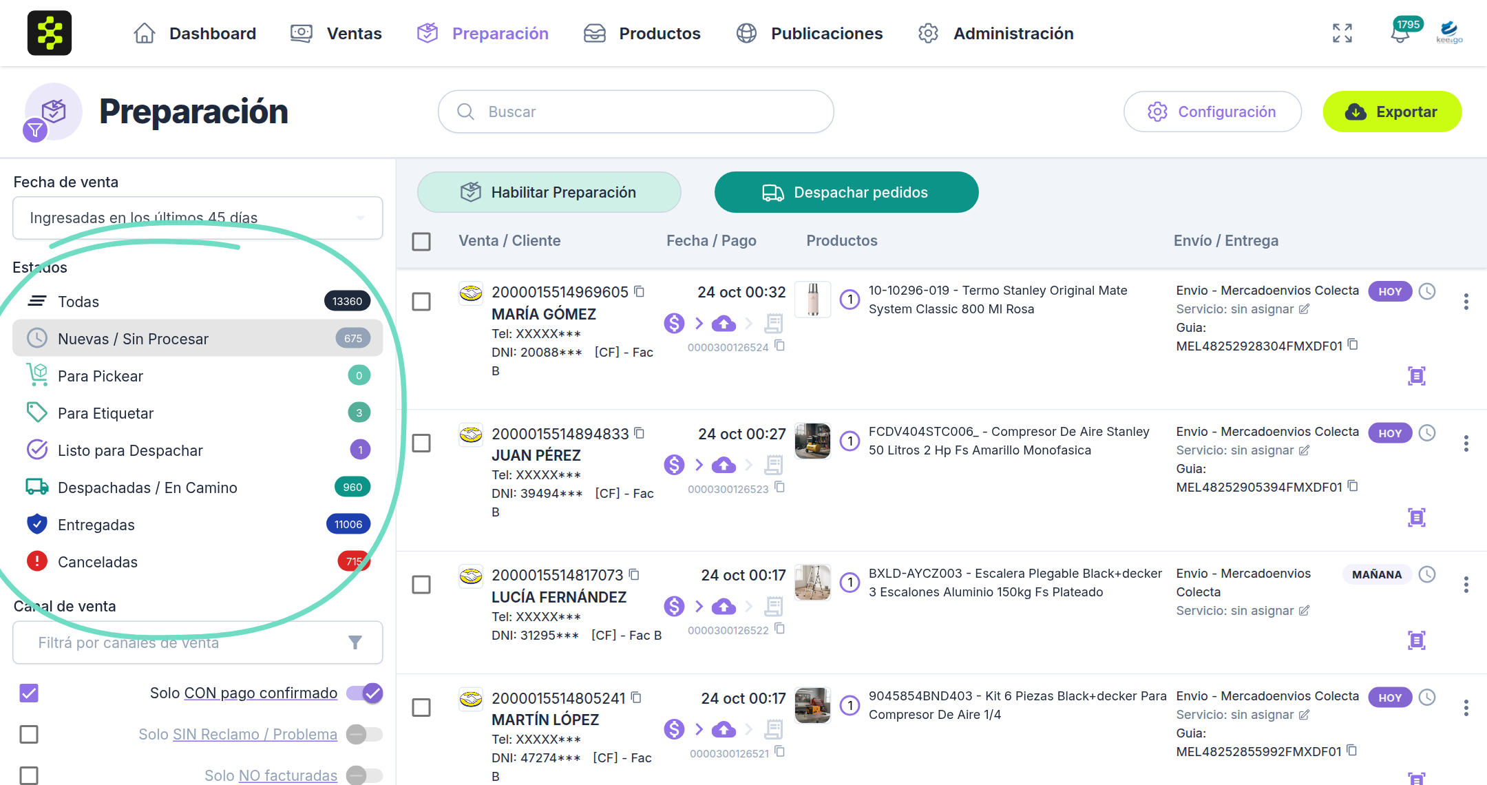 Módulo Preparación con la lista de estados marcada