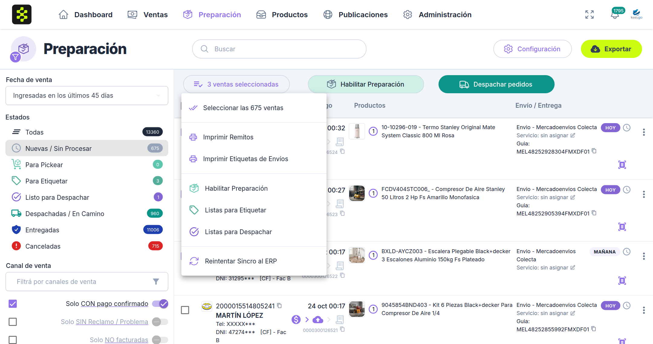 Menú de operaciones masivas de Preparación