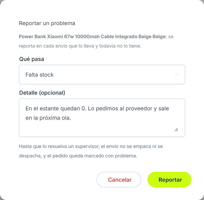 Reportar un problema: falta stock de un producto