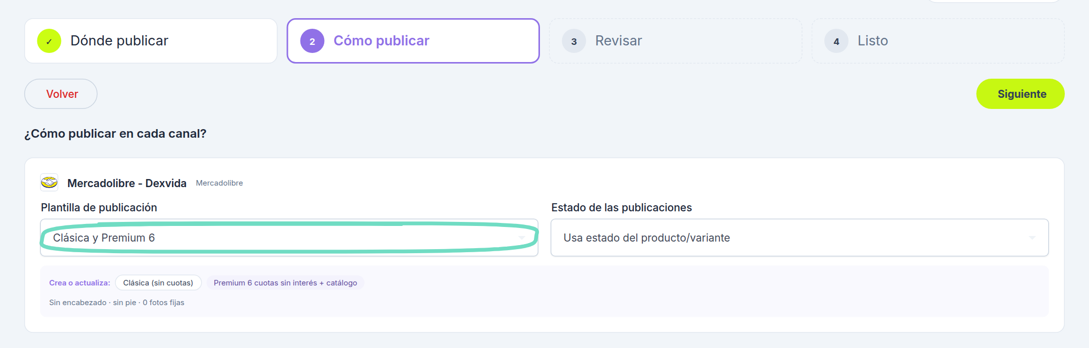 Paso 2 del Publicador en una cuenta de Mercado Libre: plantilla de publicación y estado