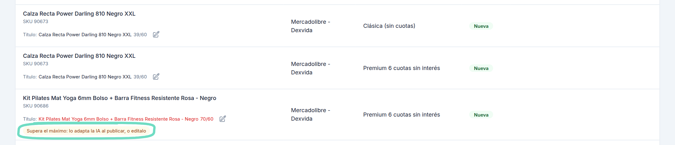 Títulos de las publicaciones con su largo contra el máximo de Mercado Libre y el aviso de que supera el máximo