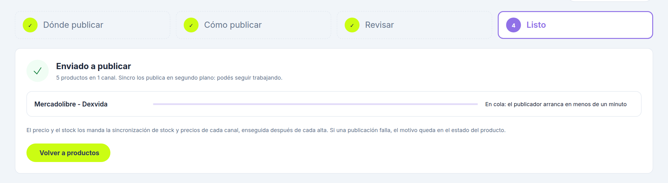 Paso 4 del Publicador: avance de la publicación por canal