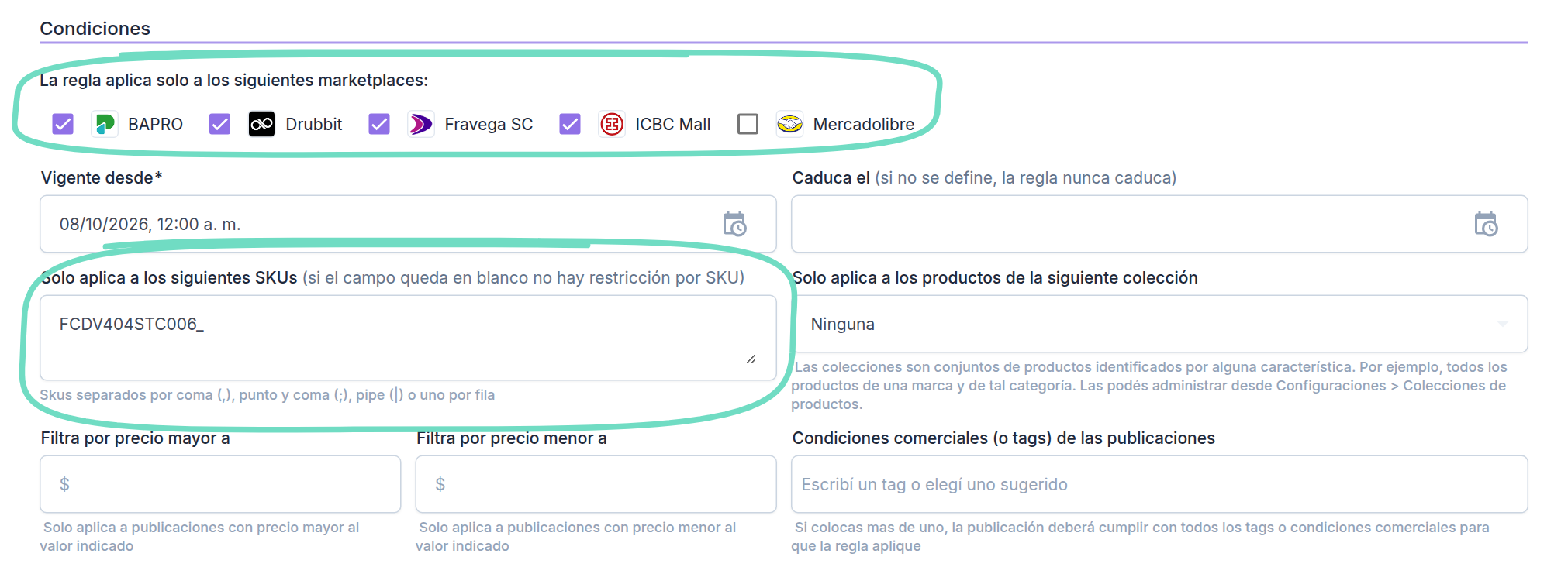 Sección Condiciones: marketplaces, vigencia y SKUs